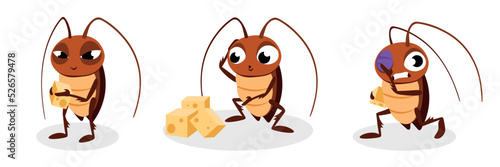 Vector illustration of a cute and beautiful cockroach on white background. Charming characters stand with crumbs, a bunch of crumbs are surprised, run with black eyes in cartoon style.
