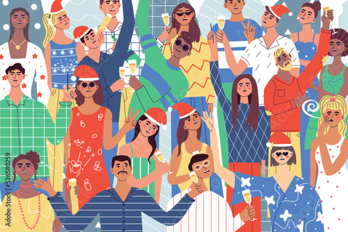 Celebrating Christmas and New Year party together. Positive, glad ladies and guys with champagne glasses and bengal lights. Group of beautiful young people in Santa hats. Flat vector illustration