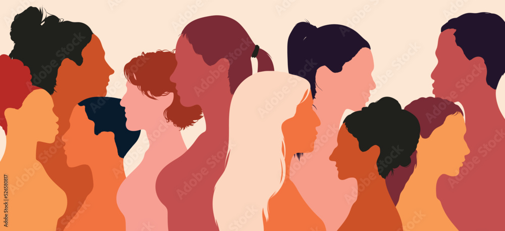 Female diversity and head face profile. Vector flat cartoon illustration. Women and girls communicating and sharing information on social networks and communities.