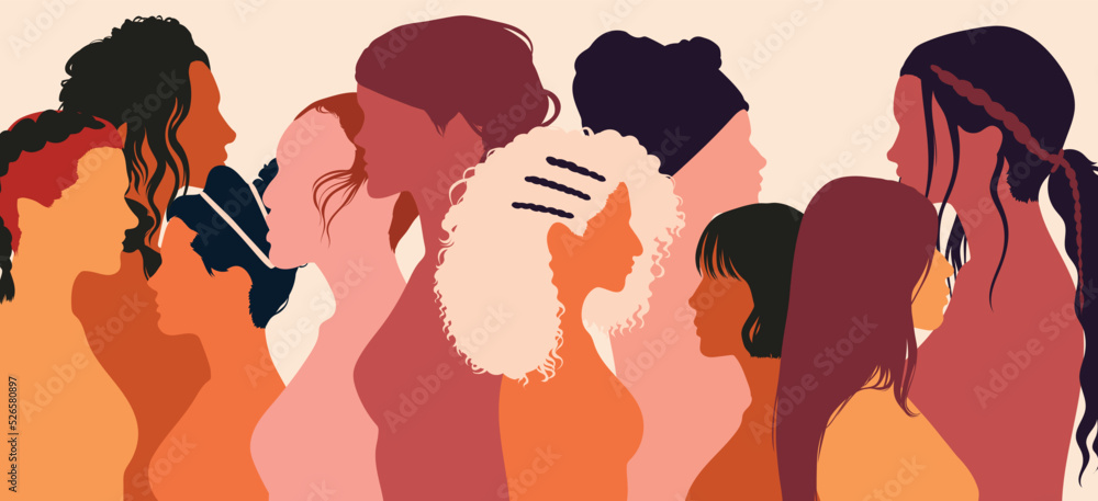 Female community in social network. Friendship across cultures. Multiethnic and international women and girls discuss and share information with each other. Vector cartoon illustration.