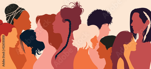 Multiethnic women communicating and sharing ideas. Social network community between women of diverse cultures. Vector flat cartoon illustration.