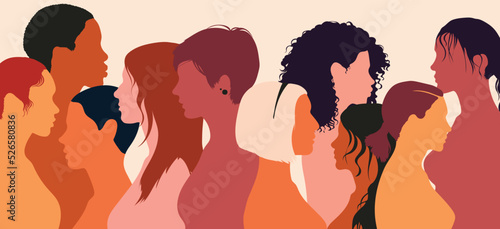 Diversity and friendship between women and girls. Multi-ethnic and multi-racial women and girls communicating and sharing information. Vector flat cartoon illustration.