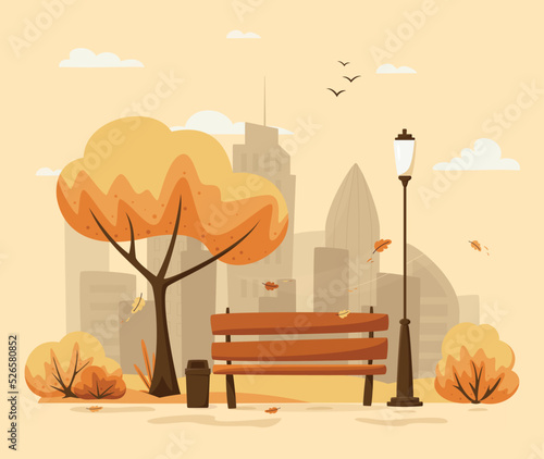 Autumn city park with foliage and city silhouette. Bench in fall city park, autumn holidays concept in flat cartoon style. City park landscape banner. Urban outdoor. Vector illustration