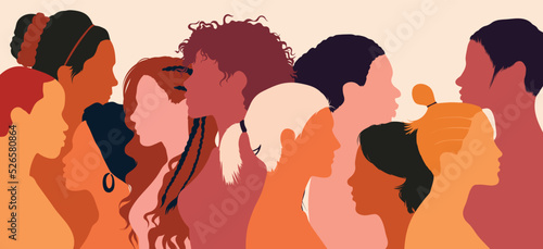 Communication group of multicultural women across cultures. Female social network community of diverse cultures. Friendship, Speak, Vector flat cartoon illustration.