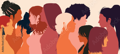 Women communicating with each other. Female community or social network. Mixed race women. Concept of racial equality. Share and talk. Vector flat cartoon illustration.