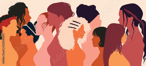 Female community in social network. Friendship across cultures. Multiethnic and international women and girls discuss and share information with each other. Vector cartoon illustration.