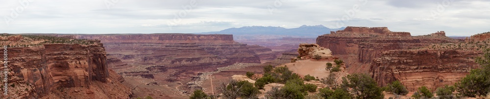Scenic Panoramic View of American Landscape and Red Rock Mountains in Desert Canyon. Canyonlands National Park. Utah, United States. Nature Background Panorama
