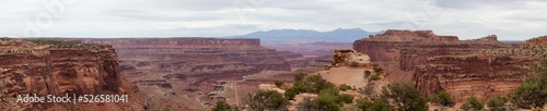 Scenic Panoramic View of American Landscape and Red Rock Mountains in Desert Canyon. Canyonlands National Park. Utah  United States. Nature Background Panorama