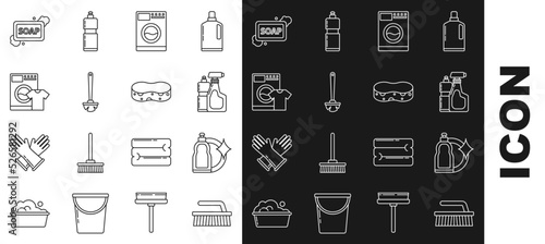 Set line Brush for cleaning, Plastic bottles liquid dishwashing liquid, Washer, Toilet brush, and t-shirt, Bar of soap with foam and Sponge icon. Vector