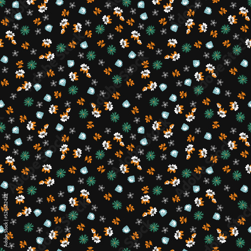 Stylish seamless floral pattern in vector with  bright small alpine flowers on black background in a minimalist style. Simple ditsy texture. Modern repeat design for wallpaper, fabric, textile, tiles