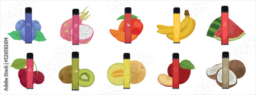 Modern different electronic cigarettes with fruit flavor on white background
