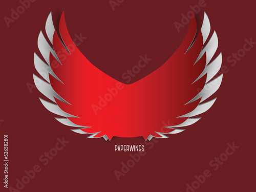 Simple red paper wings with plumage emblem isolated vector illustration