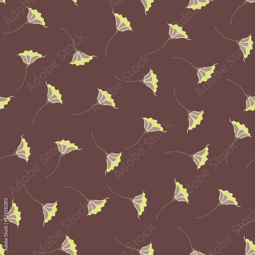 Stylish vector seamless pattern with scattered flowers. Liberty style print. Elegant floral background. Simple ditsy texture. Yellow and burgundy color. Repeat design for wallpapers  fabric  textile