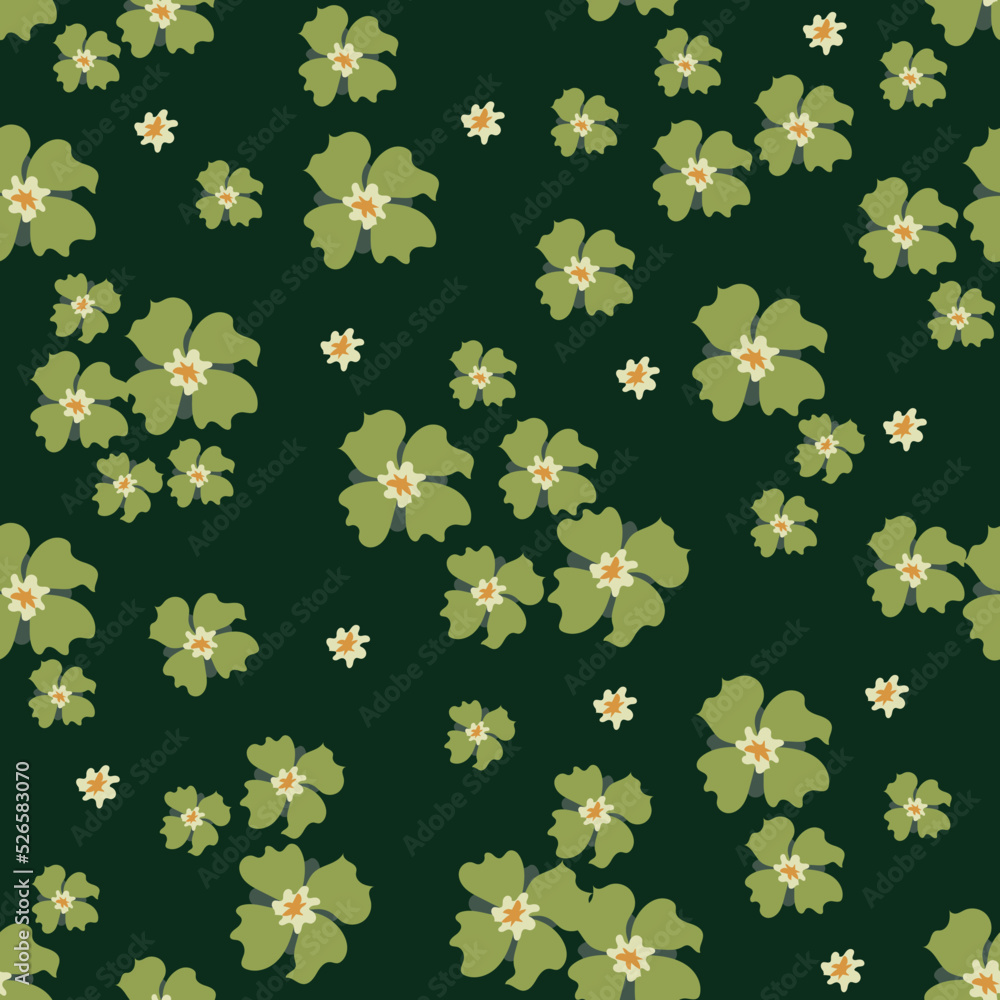 Obraz premium Vector seamless pattern with scattered flowers bright. Elegant floral background for wallpapers, fabric, textile, cloth, tiles. Оrange, green, gray and white color. Doodle style