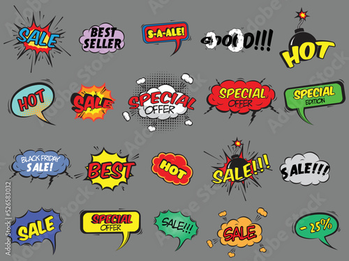 Pop art comic sale discount promotion decorative icons set with bomb explosive isolated vector illustration
