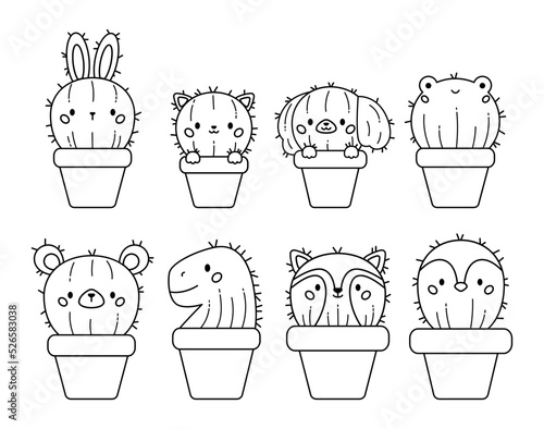 Coloring page with funny cactus in flowerpots. Cactus in the shape of animals. Kawaii bunny, cat, dog, frog, bear, dinosaur, raccoon and bird. Cartoon doodle plants. Coloring book. Vector illustration