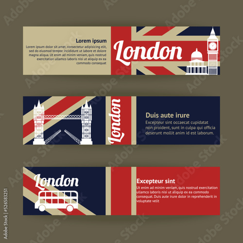 Collection of banners and ribbons with London landmark buildings isolated vector illustration