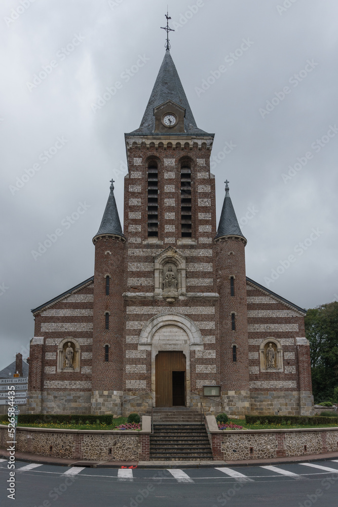 Chapelle des Petites Dalles, a catholic church with red and white brick, Petites-Dalles, Normandy, France