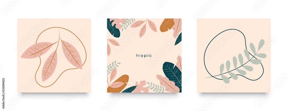 Tropics. Posters. Summer. Banners. Wall design. Decor. Hand drawn vector. Set of posters. Postcard design, print for printing on fabric, stationery. For websites. Gift card. Modern design.