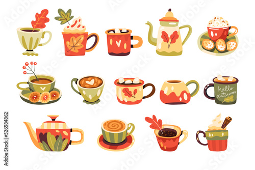 Set of autumn cups with hot drinks, cacao, coffee, tea and teapots decorated with leaves. Fall decorative objects. Warm hygge aesthetics. Flat cartoon hand-drawn style