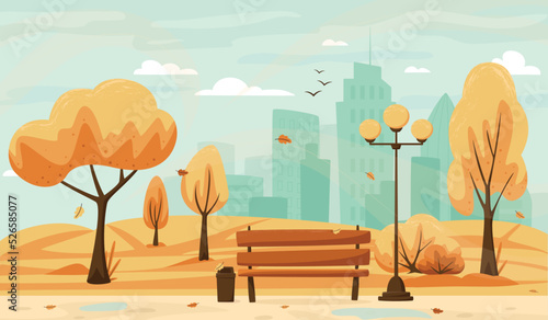 Autumn city park with foliage and city silhouette. Bench in fall city park, autumn holidays concept in flat cartoon style. City park landscape banner. Urban outdoor. Vector illustration