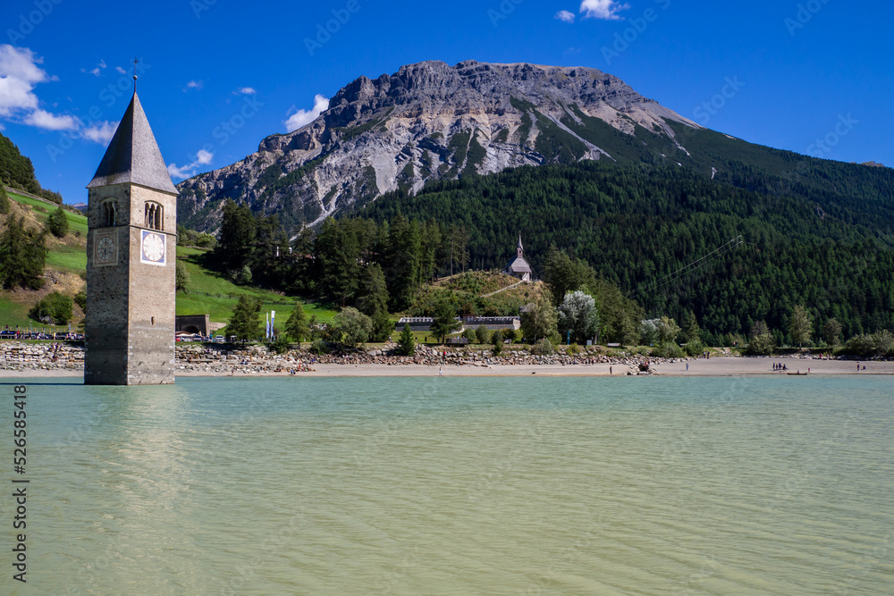 Resia pass lake and the bell tower