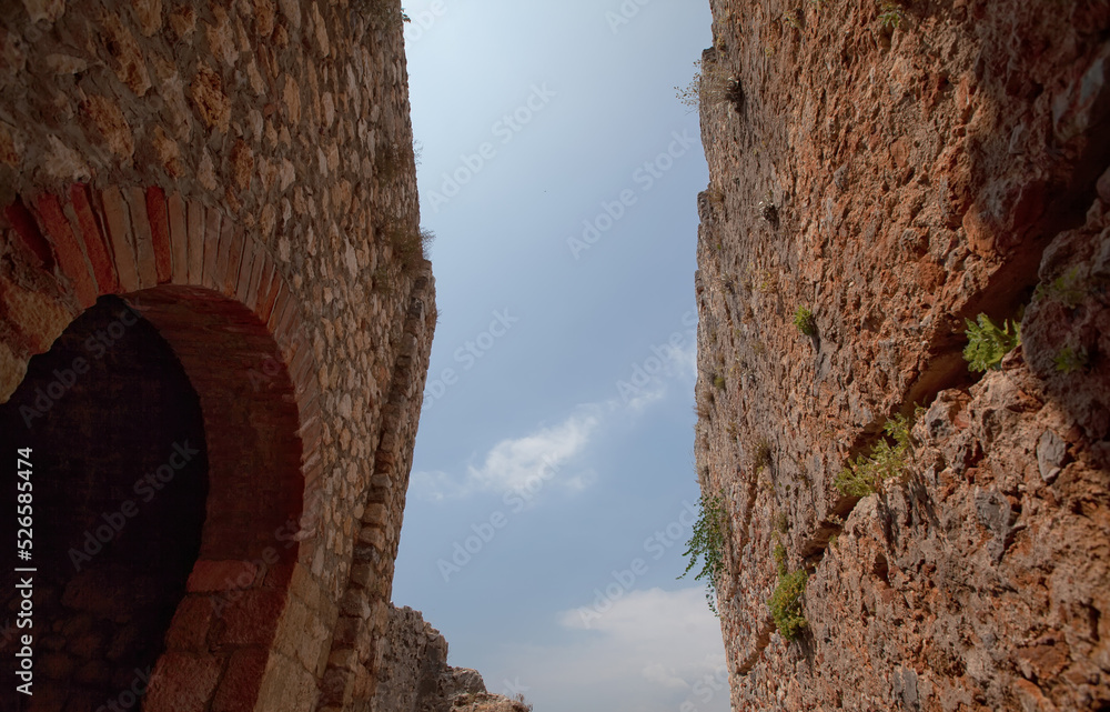 View of the sky and the walls of the castle Alanya, Turkey