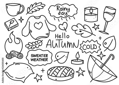 A set of hand-drawn stickers about autumn. A set of black outlines isolated on a white background. Bitmap stickers for nature lovers. Coffee and rain.