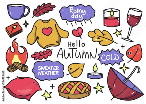 A set of hand-drawn stickers about autumn. Colorful set of isolated on white objects. Bitmap stickers for nature lovers. Coffee and rain.