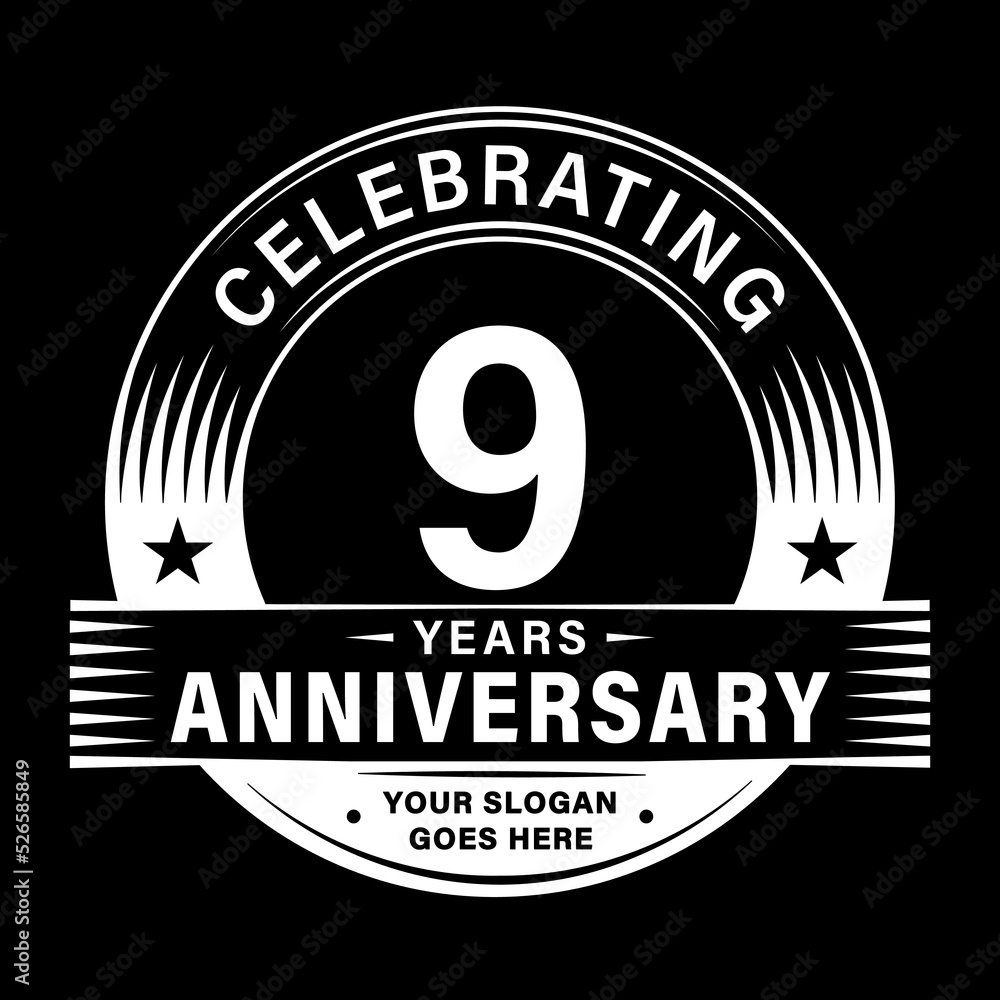9 years anniversary celebration design template. 9th logo vector illustrations.
9 years anniversary celebration design template. 9th logo vector illustrations.
