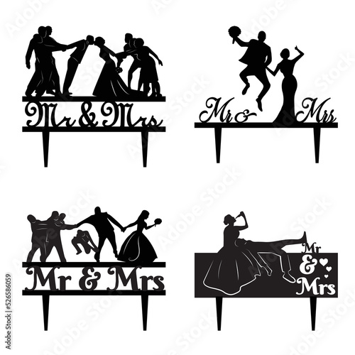 Wedding topper silhouettes, bride and groom, marriage, funny, friends, beer, Mr, Mrs.