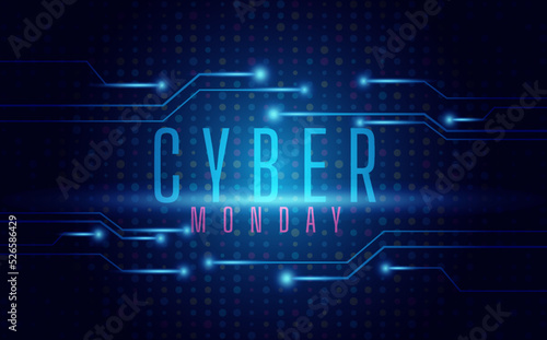 Banner for cyber monday, with technology blue circuit board background Illustration