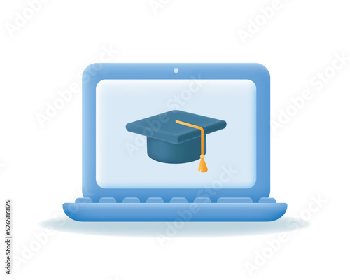 3d laptop with Graduate cap on screen. Education in university, college or school, e-learning, online courses concept. Vector illustration isolated on white background.