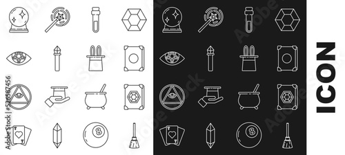 Set line Witches broom, Ancient magic book, Bottle with love potion, Magic staff, Pentagram, ball and Magician hat and rabbit ears icon. Vector
