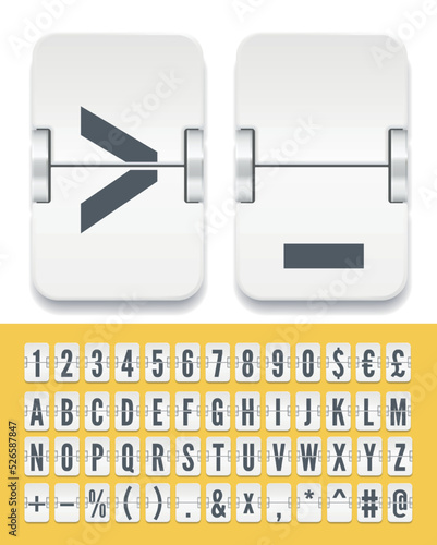Airport flip board regular font for train and bus travel advertising. White terminal mechanical scoreboard alphabet with numbers to display destination and departure vector illustration