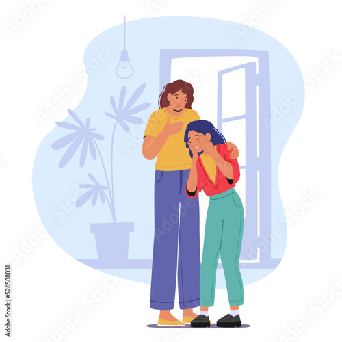 Parent Character Support Child. Mother Comforting and Hug Teenage Daughter in Room Mom and Girl Talk and Share Problems