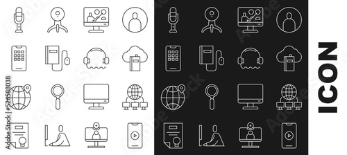 Set line Online play video, Computer network, Cloud online library, education, Electronic book with mouse, Mobile phone, Microphone and Headphones icon. Vector