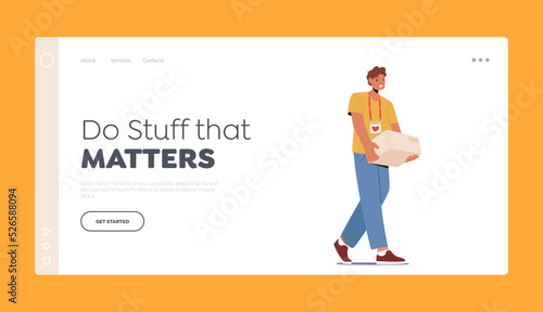 Philanthropy Landing Page Template. Volunteer with Heart Badge Carry Carton Box with Donation or Humanitarian Aid