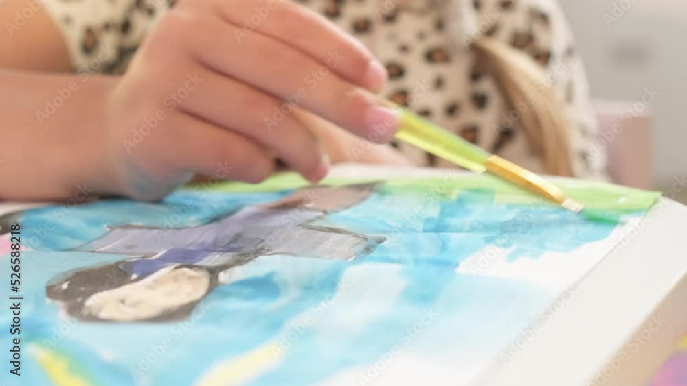 Close up Talented little girl Female Artist Draws Mother Sun Summer Flover drawing at Home. Colorful, Emotional Happy painting with Brush water colors. Contemporary Painter Creating Abstract Modern Close up Talented little girl Female Artist Draws Mother Sun Summer Flover drawing at Home. Colorful, Emotional Happy painting with Brush water colors. Contemporary Painter Creating Abstract Modern