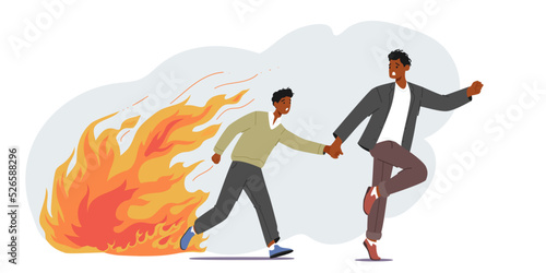 People Run Escaping from Ragging Fire, African Man and Boy in Dangerous Situation, Characters Leaving War Zone