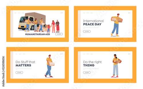 Humanitarian Aid Landing Page Template Set. Team of Volunteers in Van Giving Help Boxes to Refugees, Old Woman with Girl