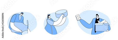 Set Cheesemaker in Uniform Holding Cheese Block, Pouring Milk, Buyer with Different Sorts of Cheese, Homemade or Plant
