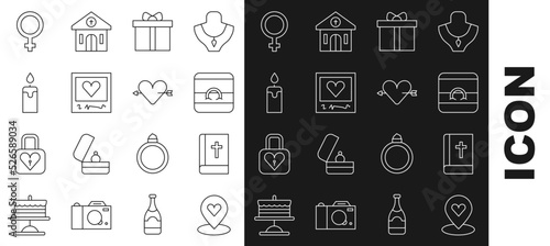 Set line Location with heart, Holy bible book, Wedding rings, Gift box, Photo frames and hearts, Burning candle, Female gender symbol and Amour arrow icon. Vector