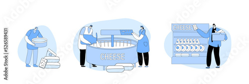 Set Cheese Production On Factory, Machinery Process Line. Workers Characters Make Dairy Food Mixing Ingredients In Tank