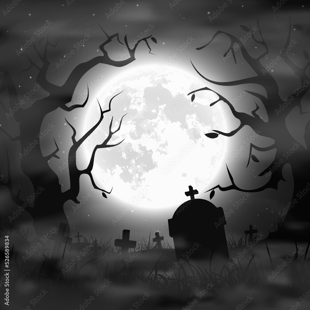 Halloween night background. Scary cemetery and full moon. Black and ...