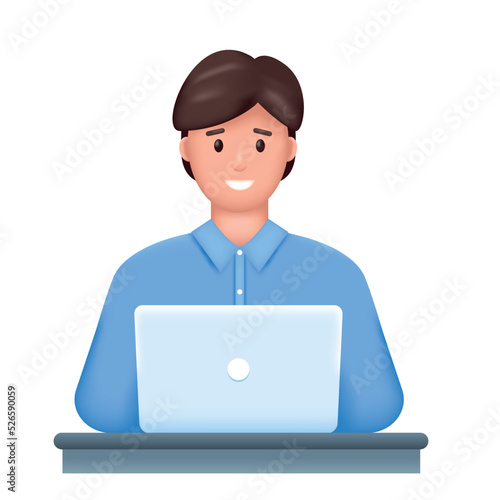 Smiling Young businessman, student or freelancer with laptop. 3d male character. Realistic cartoon vector illustration.
