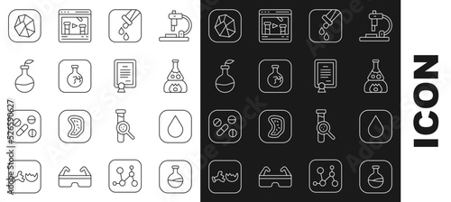 Set line Test tube and flask, Water drop, on fire, Cracked, Plant breeding, Salt stone and Certificate template icon. Vector