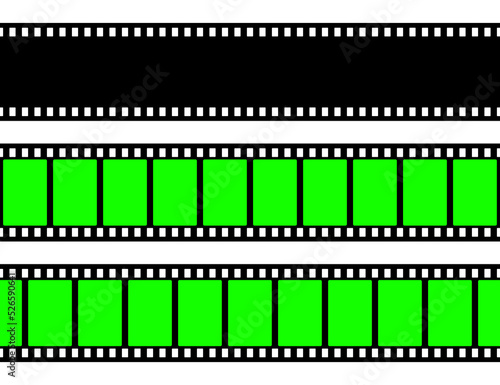 Realistic blank film strip, camera roll. Old retro cinema movie strip with green chroma key background. Analog video recording and photography. Visual effects compositing. Vector illustration