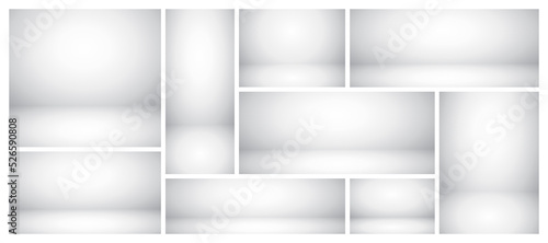 Empty gray studio abstract backgrounds with spotlight effect. Product showcase backdrop. Stage lighting. Vector illustration