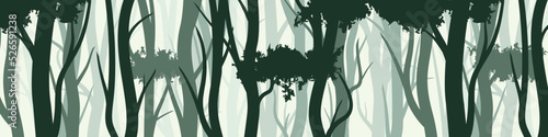 Wild forest with various coniferous or deciduous trees. Wide horizontal banner with various tree trunks silhouettes. Dark misty pine forest landscape, panorama. Vector illustration